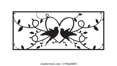 Flying birds silhouettes in a shape of a heart, vector. Romantic birds couple in frame, isolated on white background. Black and white wall decals, art design, wall artwork. Metal art
