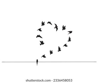 Flying Birds Silhouettes in the shape of a heart isolated on white background, vector. Black and white Wall Decals, Art Decor, Wall Decoration. Symbol of freedom and love