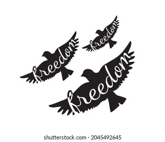 Flying birds silhouettes, synonym of freedom, vector. Flying birds silhouettes illustration isolated on white background. Wording design, lettering. Wall decals, wall art, artwork. 