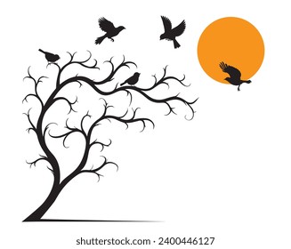 Flying birds silhouettes and tree in autumn and sunset, vector. Wall decals isolated on white background, illustration. Minimalist art design