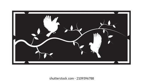 Flying birds silhouettes and tree isolated on black background, vector. Birds silhouettes on branch in a poster frame. Black and white wall decals, art design, wall artwork. Metal art design