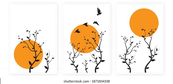 Flying birds silhouettes and trees illustration on sunset, vector. Scandinavian minimalist three pieces of poster design. Modern wall art design, artwork. Beautiful painting design. Home decoration