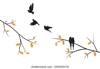 Flying birds silhouettes and trees illustration, vector. Scandinavian minimalist poster design. Modern wall art design, artwork. Beautiful painting design. Home decoration. Wall decals, art
