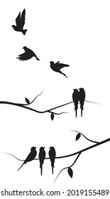 Flying birds silhouettes and trees illustration, vector. Scandinavian minimalist poster design. Modern wall art design, artwork. Beautiful painting design. Home decoration