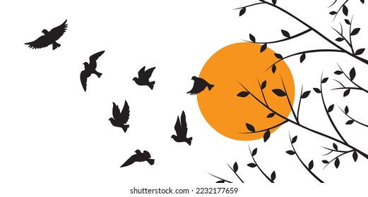 Flying birds silhouettes and trees illustration on sunset, vector. Scandinavian minimalist poster design. Modern wall art design, artwork. Beautiful painting design. Home decoration