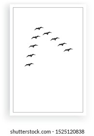 Flying birds silhouettes, vector. Black and white illustration. Minimalist background. Wall decals, wall art work, poster design isolated on white background