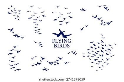 Flying Birds Silhouettes Vector Design Elements Set of Black Flock Murmuration Migration in Sky, Freedom Symbol