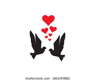 Flying birds silhouettes, vector. Wall Decals, Dove birds couple in Love, Birds Silhouette on branch and Hearts Illustrations isolated on white background . Art Decoration, Wall Decals