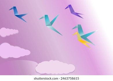 Flying birds in the sky with cloud. Origami. Paper cut and craft style. Vector illustration.