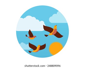 Flying birds in the sky with clouds and sun.