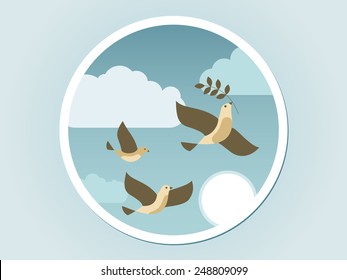 Flying birds in the sky with green branch.