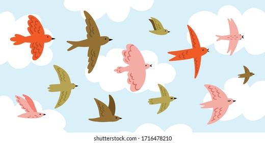Flying birds in the sky set  Cute bird  Children's cartoon characters  Simple hand drawn style 
