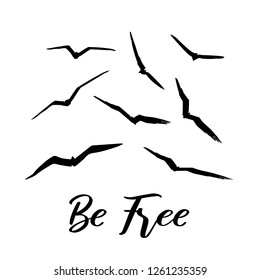 Flying Birds in the sky. Text Be free. Hand drawn silhouettes and  motivating inscription. Vector illustration. EPS 10