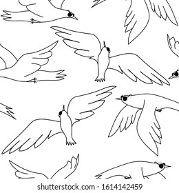 Flying birds in sunglasses. Transparent seamless pattern. Vector graphics.