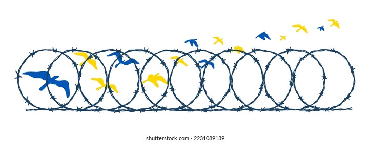 Flying birds in Ukrainian blue and yellow flag colors escaping barbed wire fence. Freedom concept. Hand drawn vector illustration. Pray for Ukraine