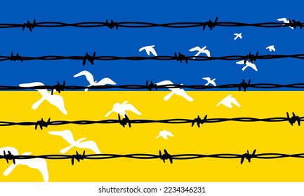 Flying birds in Ukrainian blue and yellow flag colors escaping barbed wire fence. Freedom concept. Hand drawn vector illustration. Pray for Ukraine