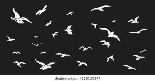Flying birds vector doodle drawn with wax crayon. Charcoal style pastel sketch for children, school or kindergarten blackboard and chalkboard squiggle art. Grunge texture