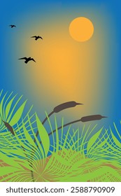 Flying birds, vegetation, sun, and sky are featured in a nature illustration.