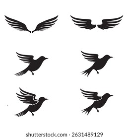 Flying Birds and Wings Black Silhouette Set Minimalist Animal Shape for Design and Branding