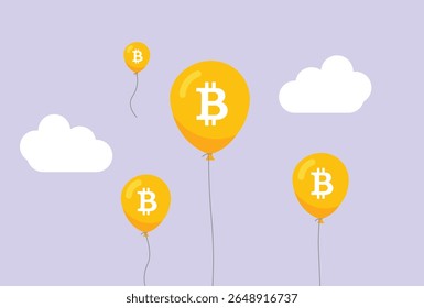 Voando Bitcoin Balões no Céu, Criptomoeda Mercado crescente conceito vetor ilustração.