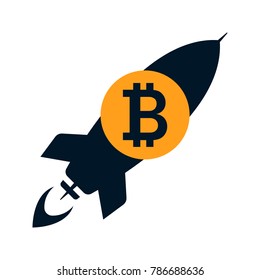 Flying bitcoin rocket sign icon for internet money. Crypto currency symbol and coin image for using in web projects. Blockchain based secure cryptocurrency. Isolated vector illustration.