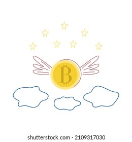 Flying bitcoin in the sky. Vector illustration.