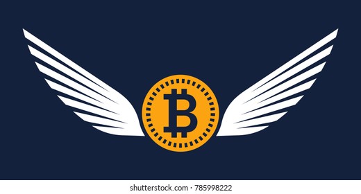 Flying bitcoin with wings sign icon for internet money. Crypto currency symbol and coin image for using in web projects. Blockchain based secure cryptocurrency. Isolated vector illustration.