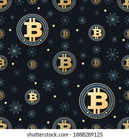 Flying bitcoins, snowflakes. Vector winter background. Cryptocurrency. Crypto currency coin and snowflakes on dark background. Seamless pattern. Design for textile. Vector illustration.