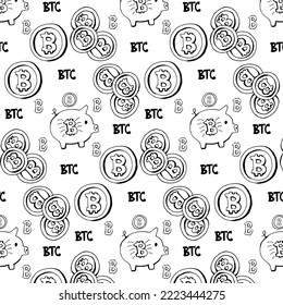 Fliegende Bitcoins. Vektordoodle-Hintergrund. Kryptowährung. Kryptogeld auf weißem Hintergrund. Nahtloses Muster. Design für Textilien. Vektorgrafik.