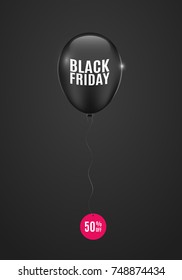 Flying black balloon with an inscription on the Black Friday. Great sale. Round pink sticker with a discount. Dark background. Shopping, super sale. Vector illustration