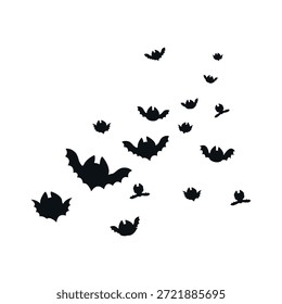 Voando morcegos negros. Silhuetas de morcego voam no rebanho. Animais noturnos de terror, personagens da natureza selvagem. Elementos isolados planos, etiqueta de parede para design, modelo vetorial de hoje em dia