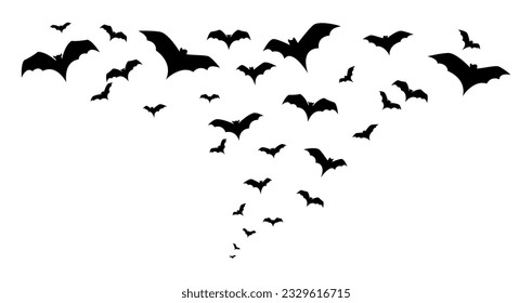 Flying black bats in the sky. Halloween decoration. Isolated vector on white background.