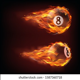 Flying black billiard eight ball in fire isolated on black background. Vector realistic pool or snooker ball with number 8 in flame with sparks. Template for banner or poster of sport tournament