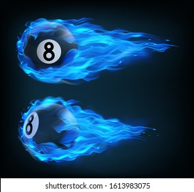 Flying black billiard eight ball in blue fire isolated on black background. Vector realistic pool or snooker ball with number 8 in in plasma flame with sparks