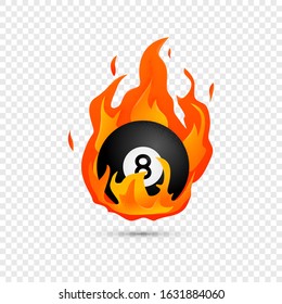 Flying black billiard eight ball in fire isolated in modern flat style. Pool or snooker ball with number 8 on transparent background. Vector Illustration