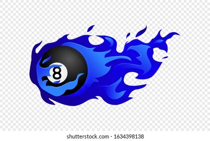 Flying black billiard eight ball in blue fire isolated in modern flat style. Pool or snooker ball with number 8 on transparent background. Vector Illustration