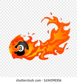 Flying black billiard eight ball in fire isolated in modern flat style. Pool or snooker ball with number 8 on transparent background. Vector Illustration