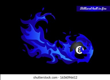 Flying black billiard eight ball in blue fire isolated in modern flat style. Pool or snooker ball with number 8 on black background. Vector Illustration