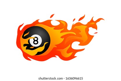 Flying black billiard eight ball in fire isolated in modern flat style. Pool or snooker ball with number 8 on white background. Vector Illustration