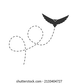 Flying black bird with dotted route. Vector illustration isolated on white.
