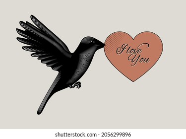 Flying black bird folding in its beak a red paper heart with I love You lettering. Vintage engraving stylized drawing. Vector illustration