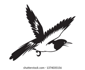 Flying black bird on white background Chinese art vector painting.