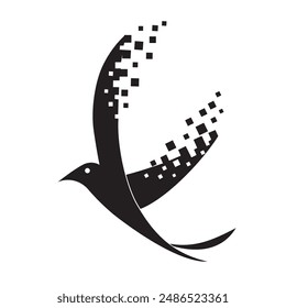 flying black bird with pixelated wings vector logo design on white background