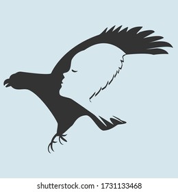 Flying black bird with a profile of a beautiful girl. Symbol of freedom. Tattoo option