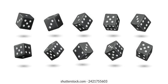 Flying black dices of casino realistic vector illustration set. Throwing cubes to win bet 3d elements on white background. Gambling games