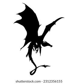 Flying black dragon silhouette isolated on white background. Hand drawn vector silhouette of dragon lizard