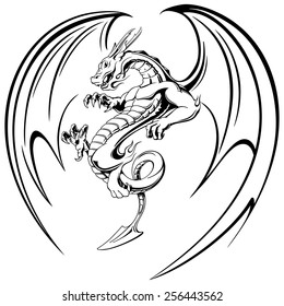 flying black dragon with wings tattoo, vector illustration