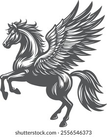 flying black horse wings pegasus drawing vector illustration