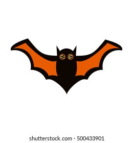 Flying black and orange bat vector icon. Halloween cartoon character.