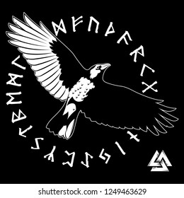 Flying Black Raven and ancient Scandinavian runes, isolated on black, vector illustration